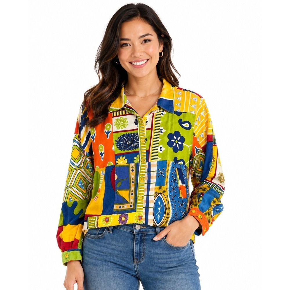 Sacred Threads Patchwork Jacket‎ Womens Large Multicolor Boho Cotton Button Up